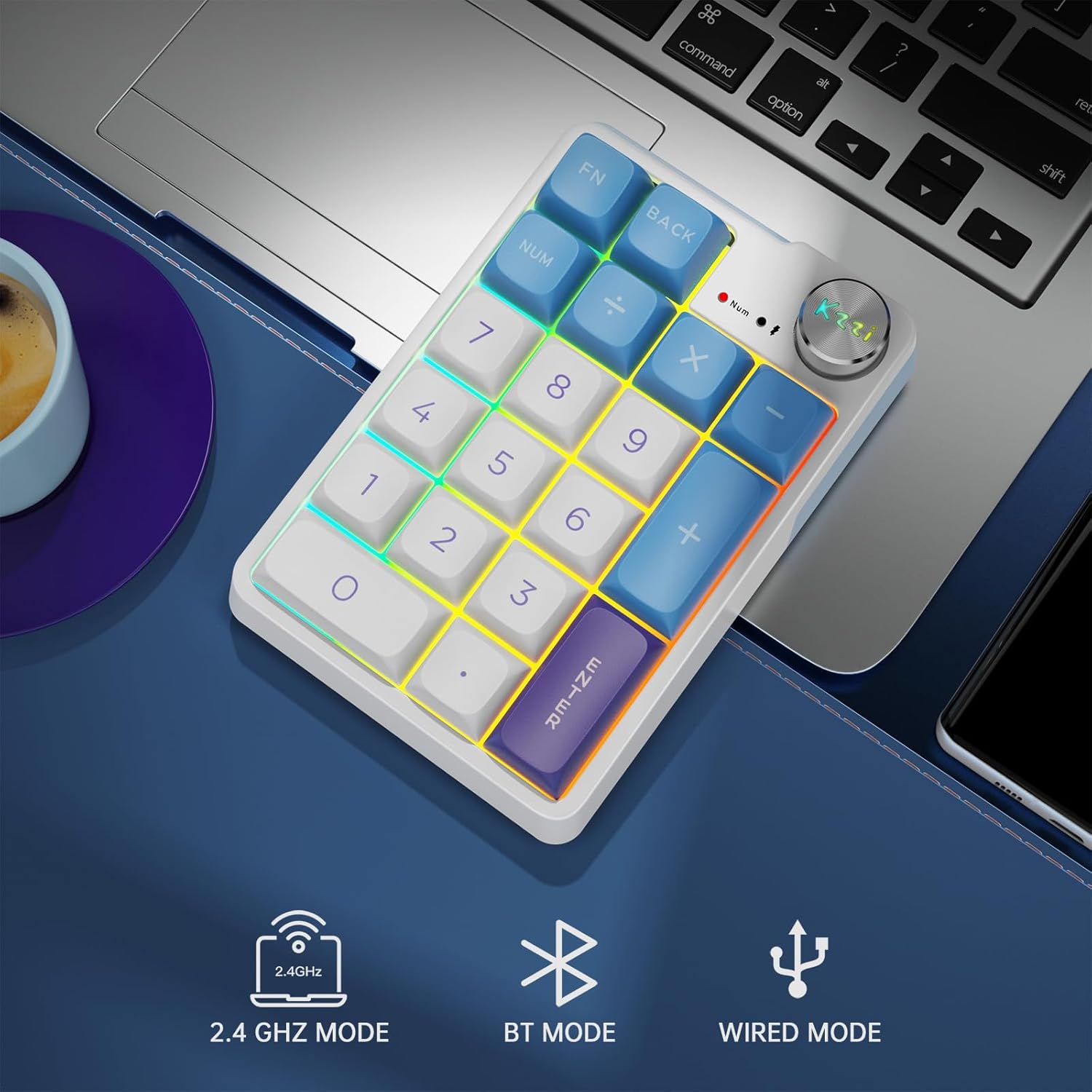 Mechanical Wireless Rechargeable Numeric Keypad, Gasket Bluetooth 5.0/2.4ghz/Wired Hot Swappable19 Keys Numpad, with Poron Foam, Aluminum Alloy Knob(Blue-White)