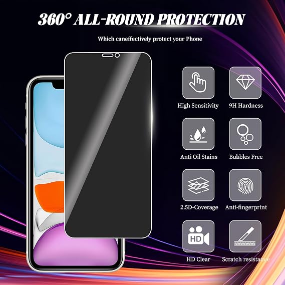 Pack of 3 Tempered Glass Private Screen for iPhone 11/XR Anti-Spy 9H Hardness Tempered Glass Anti-Scratch Privacy Screen Protector for iPhone 11/XR