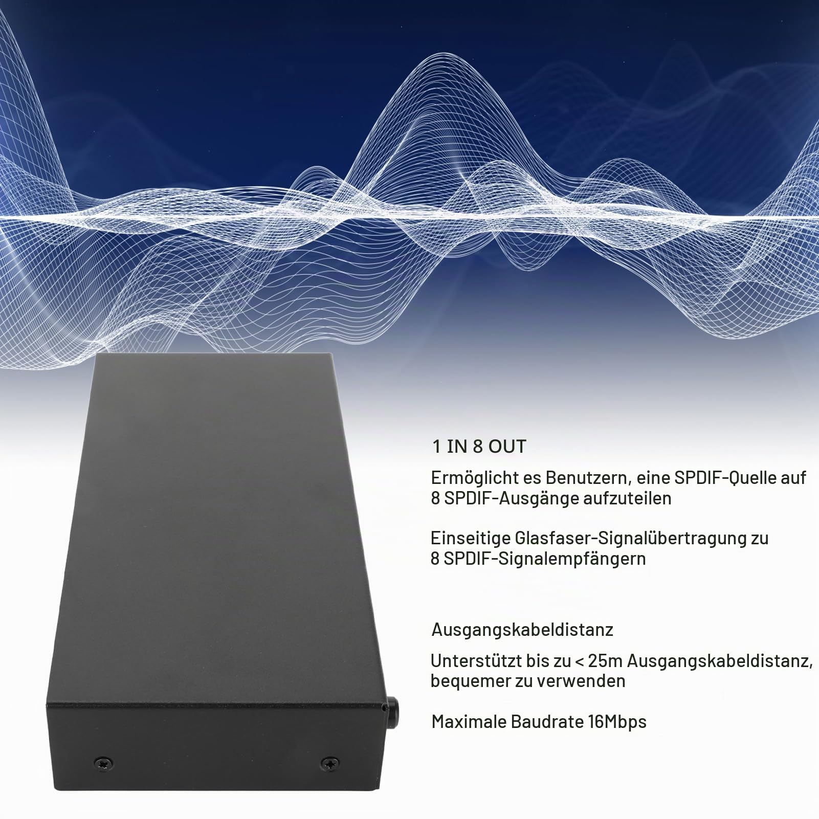 FT18 SPDIF Splitter 1x8, Digitaler Optischer Audio Splitter, Unterstützt SPDIF/TosLink Signal 1 in 8 Out, Unterstützt LPCM2.0/DTS/AC3. (EU-Stecker)
