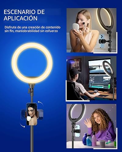 Miniatura 4 de Kaiess - Anillo de luz para selfie de 10.2 pulgadas con soporte de trípode ajustable de 65 pulgadas y soporte para teléfono para transmisión