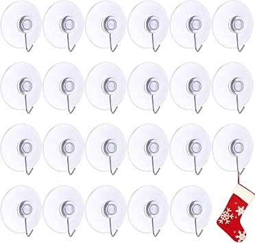 24 pcs Suction Hooks, Clear Suction Cup Hooks with Stainless Steel Hook | 4 cm Sucker Hook for Glass, Window, Tile, Bathroom, Shower, Kitchen, Christmas Wreaths, Lights