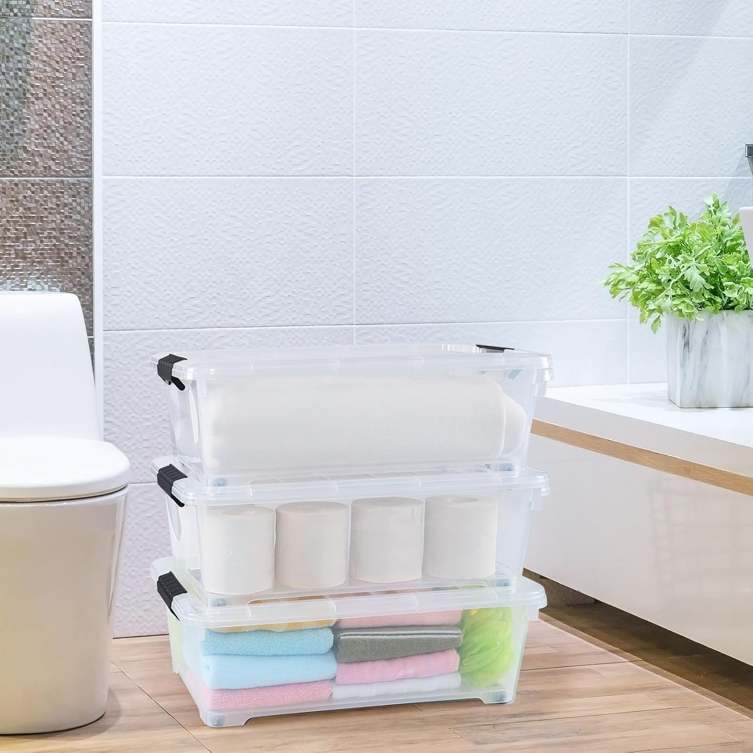 20 L Clear Under Bed Containers, 4 Pack Under Bed Plastic Latch Storage Totes with Wheels