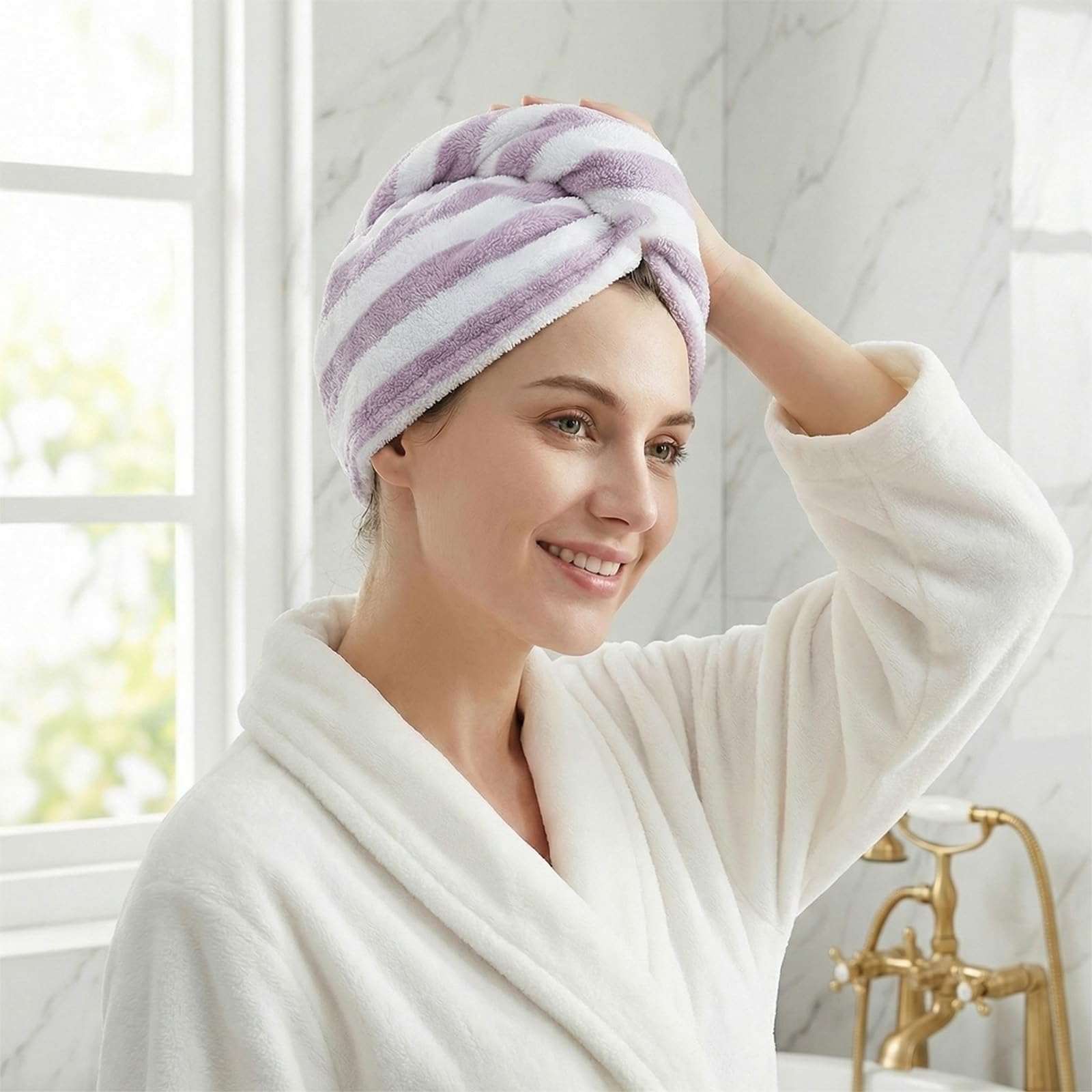 Toalla turbante suave para el cabello, toalla de secado de pelo, botón para absorber el cabello de secado rápido, turbante de microfibra para el cabello largo y rizado para mujer (gris y rosa) — view 9