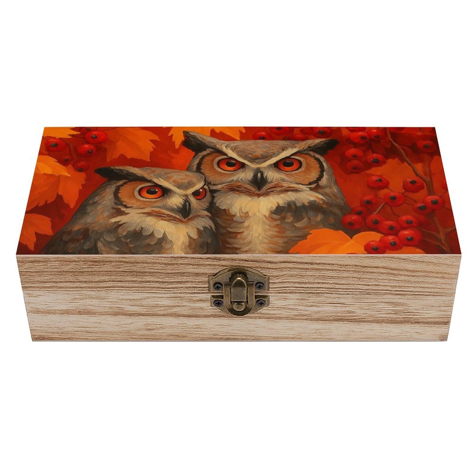 SMAZDFXX Cute Autumn Owls, Leaves And Berries Wooden Storage Box Multipurpose Decorative Box for Jewelry Photo Home Decor