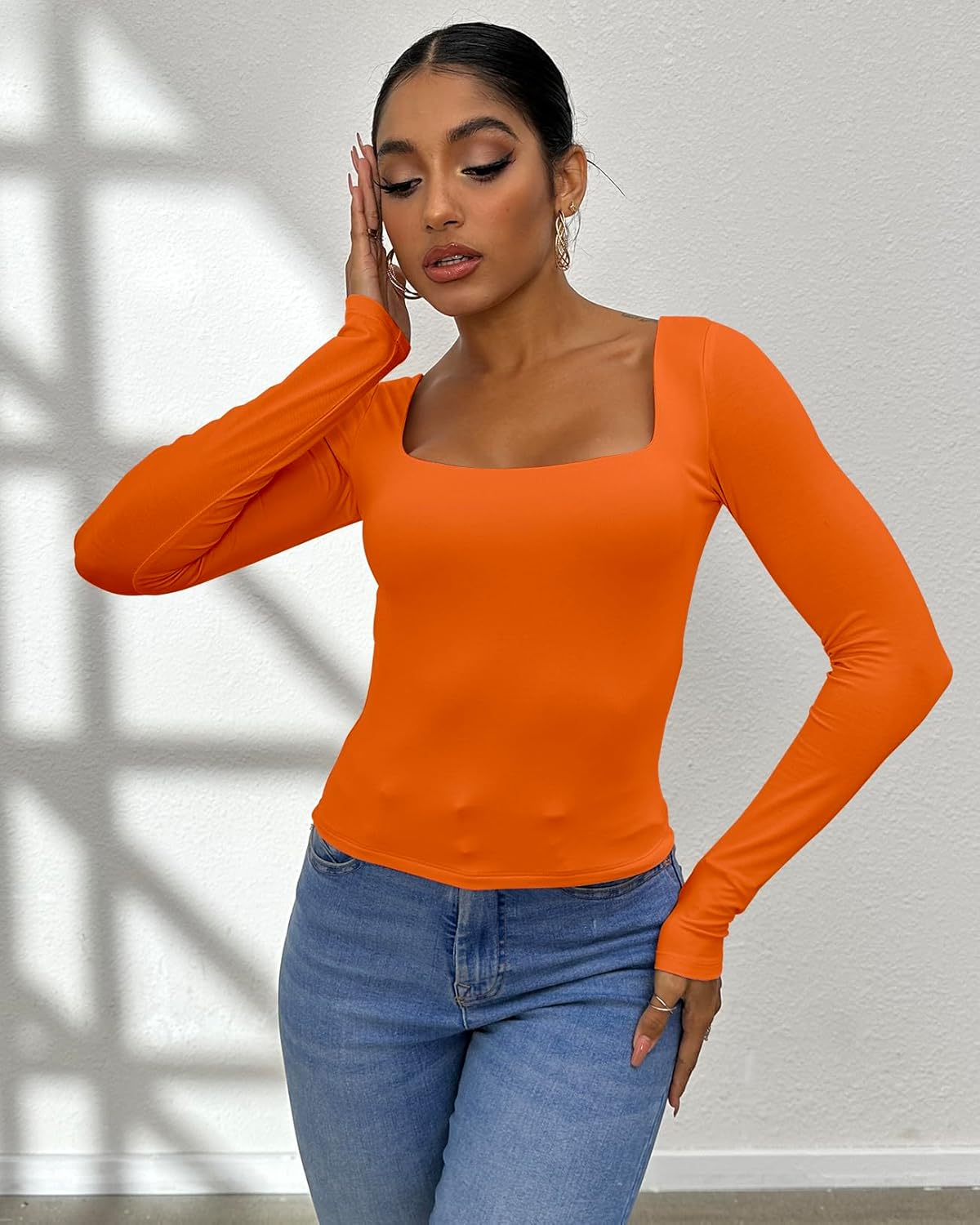 Dwnval Long Sleeve Shirts for Women - Basic Slim Fit Double Lined Square Neck Crop T Shirt - Image 4