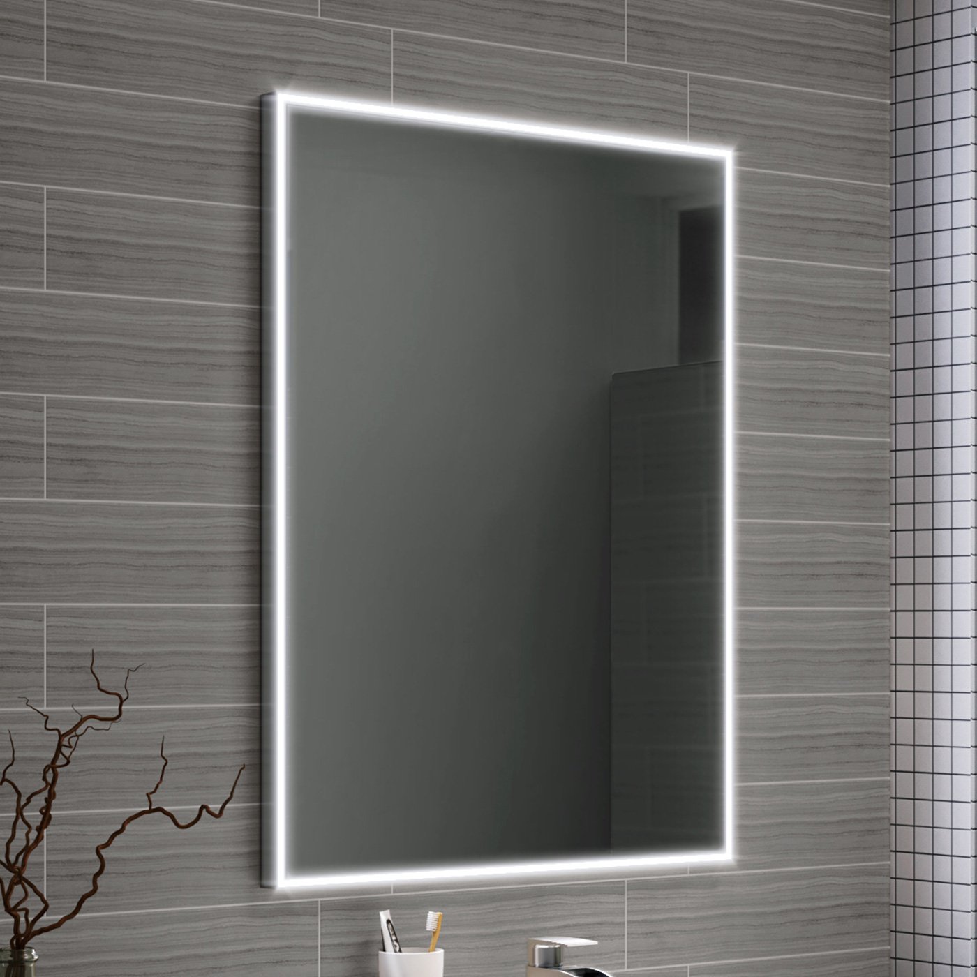 Ibathuk Mirror Spectra Wall Mounted Rectangular Led Bathroom Modern Frameless Motion Sensor Design With Integrated Demister And Copper-Free Silver In Silver Finish, 800 X 600Mm
