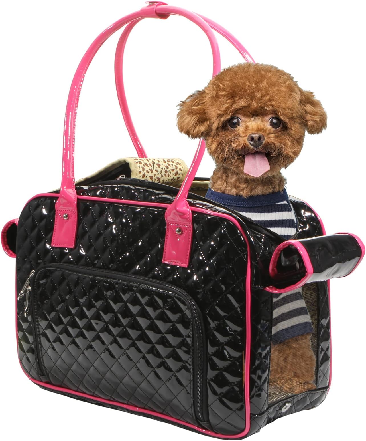 Mirror Surface Faux Leather Tote Purse Dog and Pet Carrier Travel Bag, Black and Pink