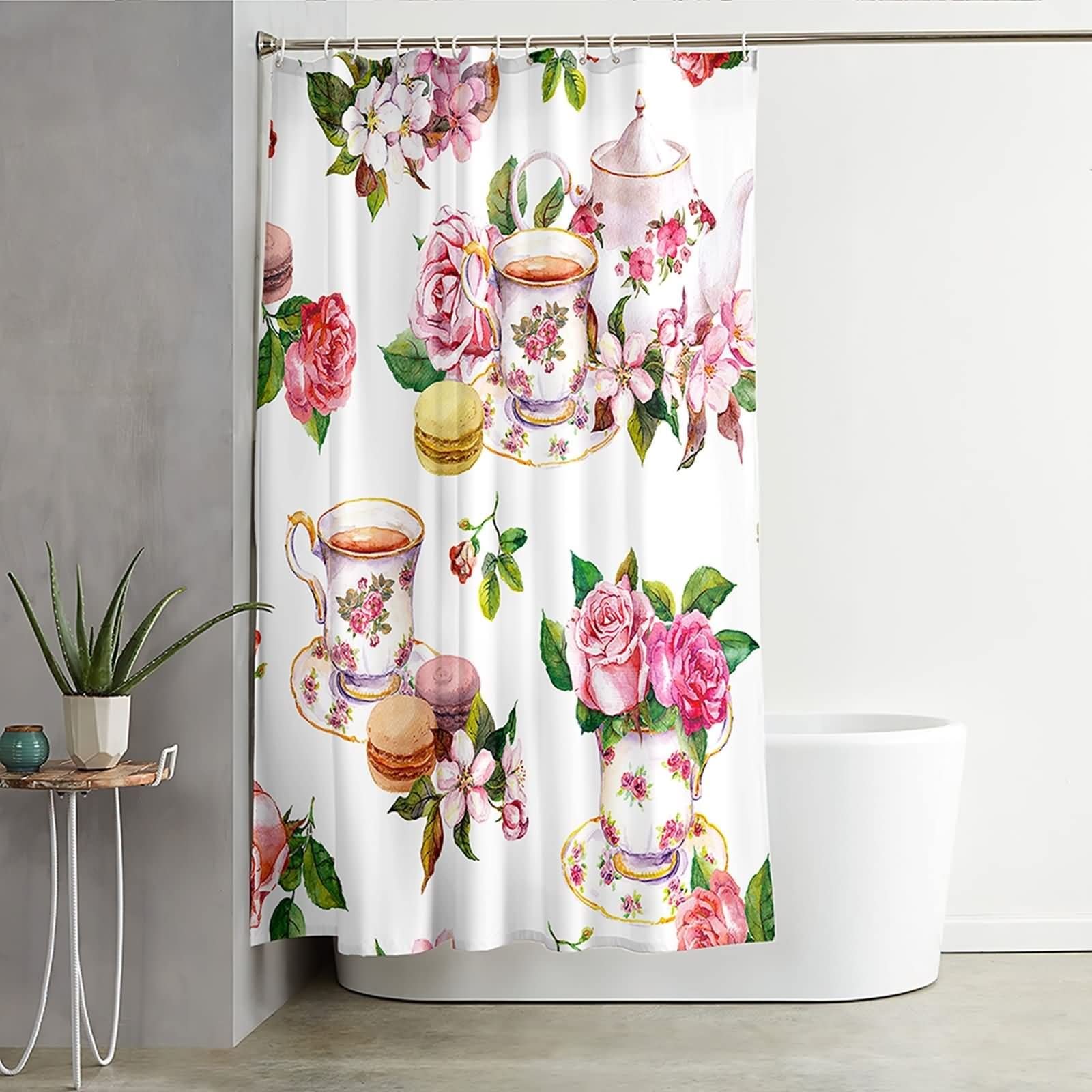 Duschvorhang Schimmelresistent 180 X 200, Textil Duschvorhang Mehrfarbig Rosentassen und Teekannenmuster Schöner Duschvorhang