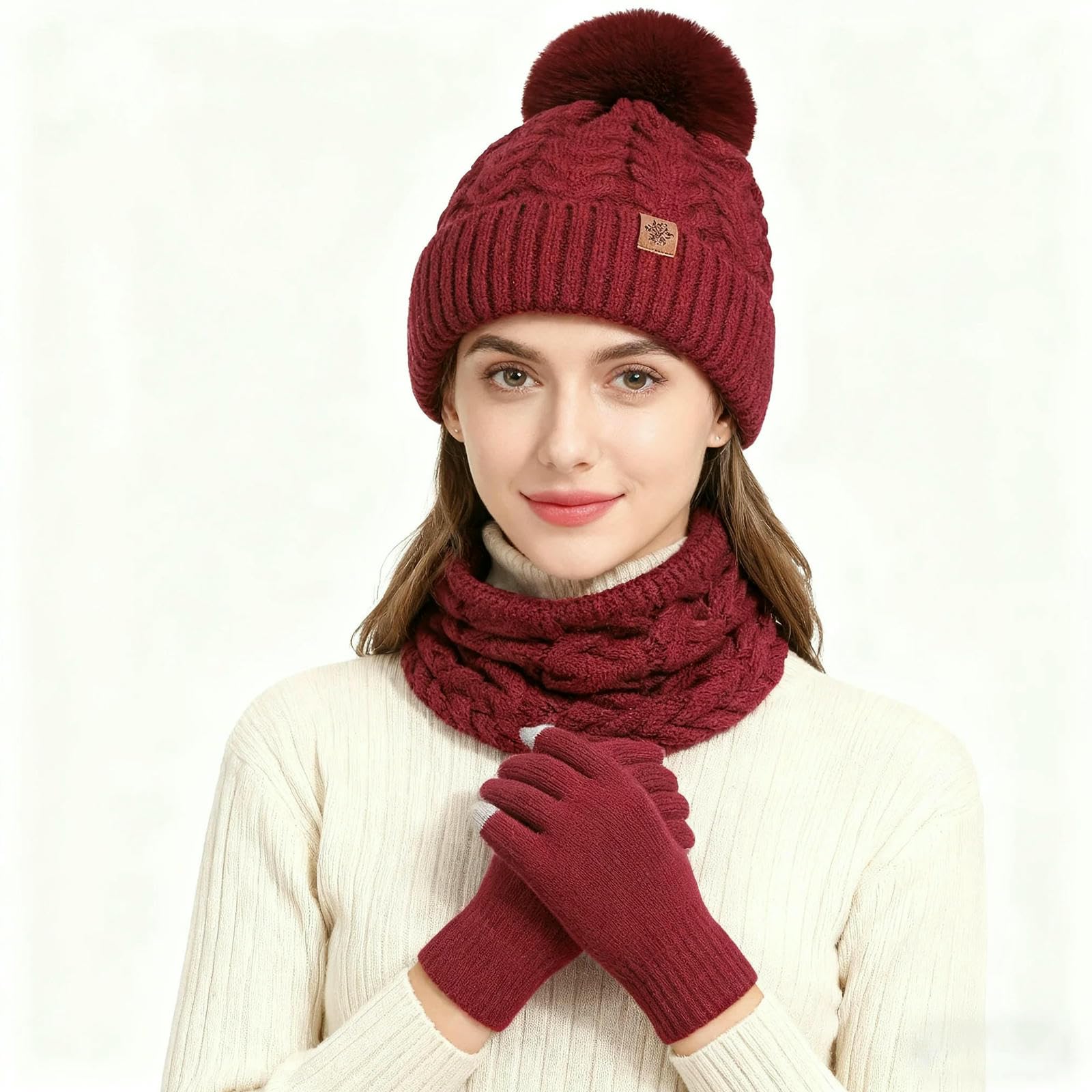 Mütze,Schal & Handschuh-Sets 3-teiliges Damen-winterset – Strickmütze, Touchscreen-Handschuhe Und Umwandelbarer Halskettenschal, Bestehend Aus Wintermütze, Schal Handschuhen -schwarz-3 Stück