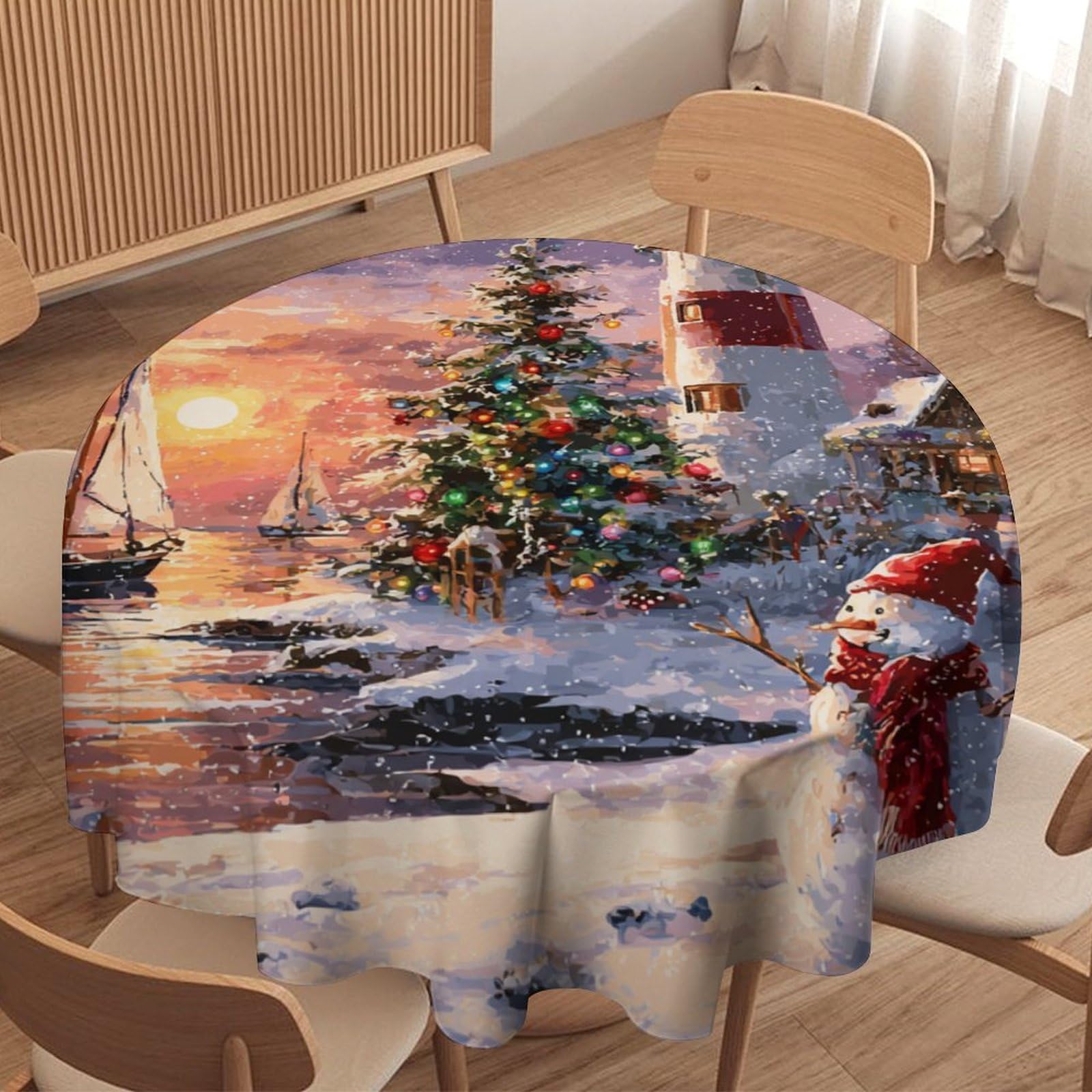 LUYYSKY Classic Funny Christmas Snowman Waterproof Round Tablecloth Oil Painting Nautical Sunset Beach Lighthouse Xmas Tree Washable Table Cover for Kitchen-177.8" Wx177.8 L cm