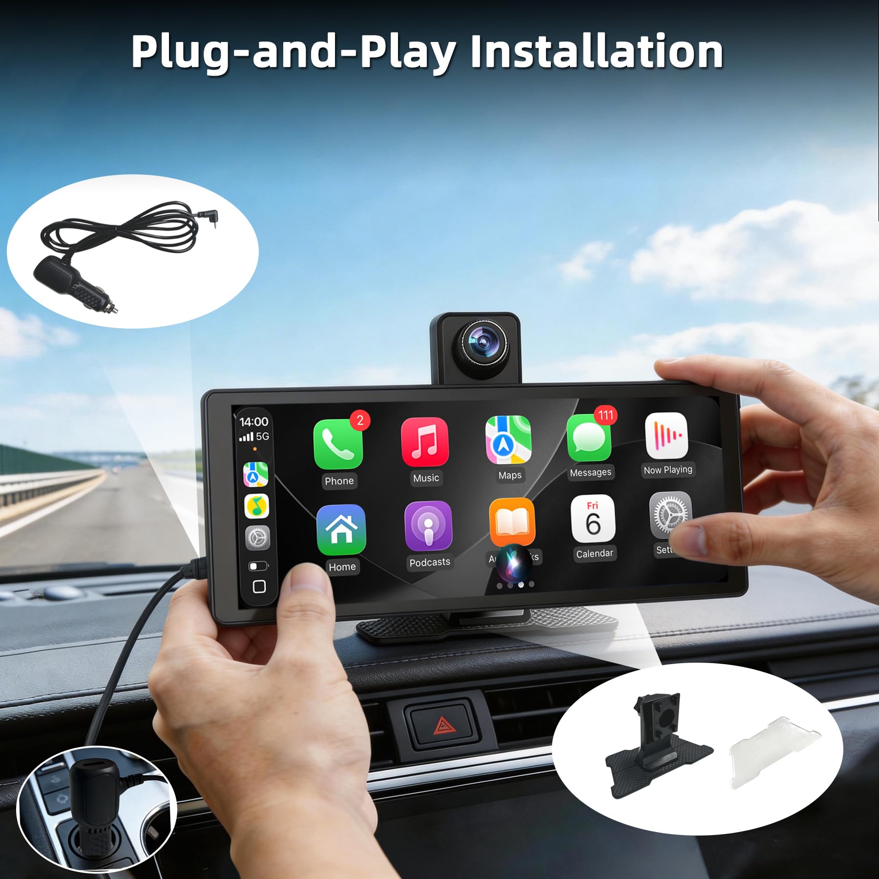 10.26" Wireless Carplay & Android Auto Screen for Car - Portable Car Stereo with 1080P Adjustable Dash Cam Front | Mirror Link | FM Transmitter/AUX | Plug & Play (10.26, Inches) — view 5
