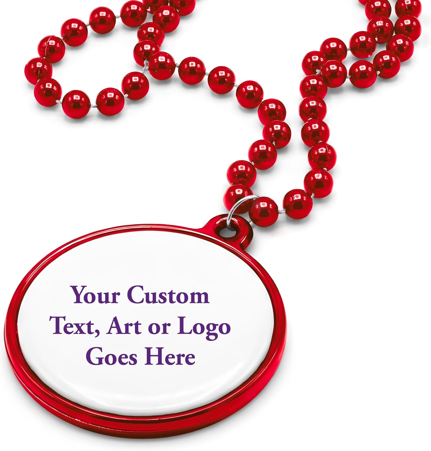 Custom Mardi Gras Bead Necklaces with Medallions - 33 inch, 7mm Round Beads- Pack of 24 Personalized Plastic Bead Necklaces - Many Colors To Choose
