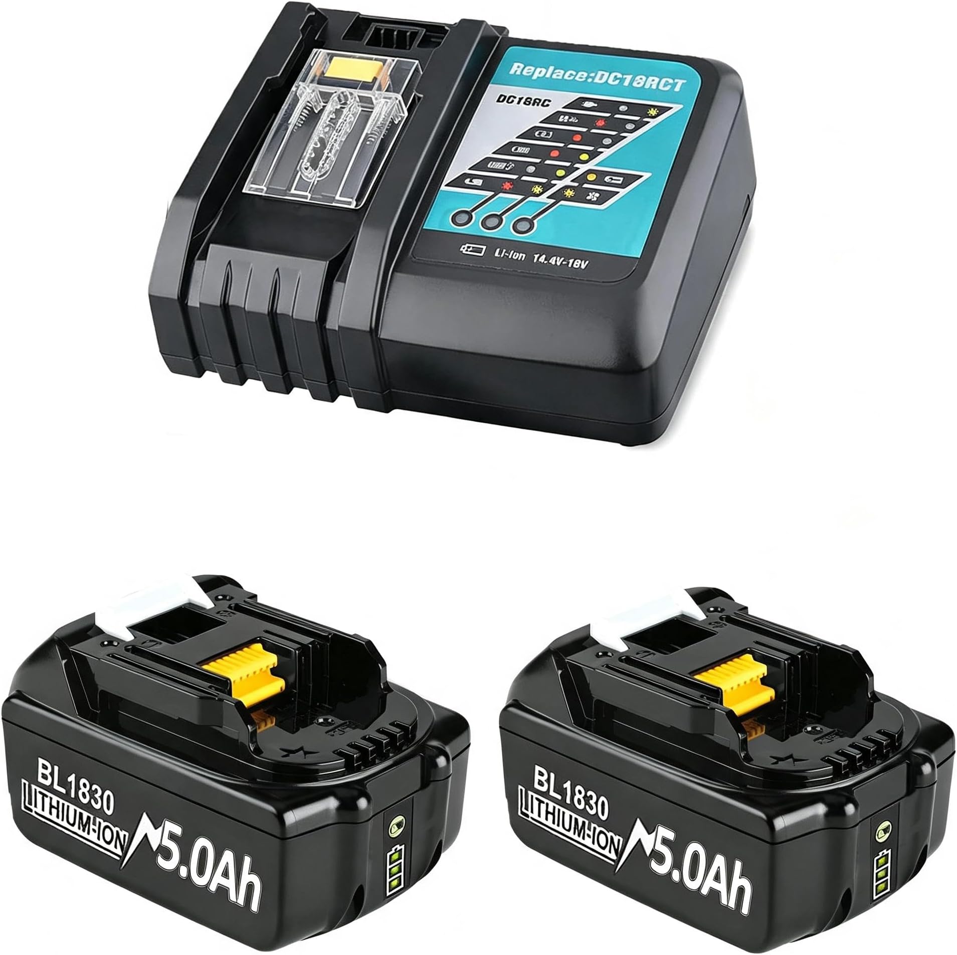 2 Pack 5000mAh BL1850B Battery + 4A DC18RC Charger | Compatible with Makita18V Batteries 14.4V-18V BL1850 BL1830 BL1860 BL1840 and DC18RD DC18RC DC18SF DC18RCT Charger