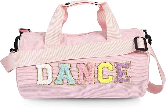 Dance Ballet Bag for Girls Sport Gym Duffle Bags Overnight Travel Bags Fun Dance Corduroy Chenille Letter Bag for Dancers Pink
