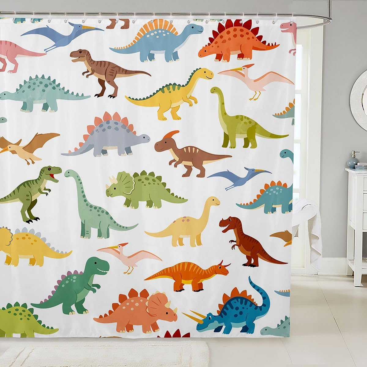 Feelyou Kid's Dinosaur Shower Curtain for Bathroom Decor Cartoon World Animal Bath Curtain for Stalls Bathtubs Cute Dinosaur Bathroom Accessories Waterproof Polyester Fabric with 12 Hooks 72"x78"