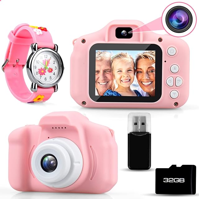 CREJOHY Kids Digital Selfie Camera for Girls with 32gb SD Card 12MP 4X Digital Zoom Video Cameras Toys Including 3D Waterproof Toddler Watch Birthday Gifts for Kids Age 3+ Year Old (Pink)