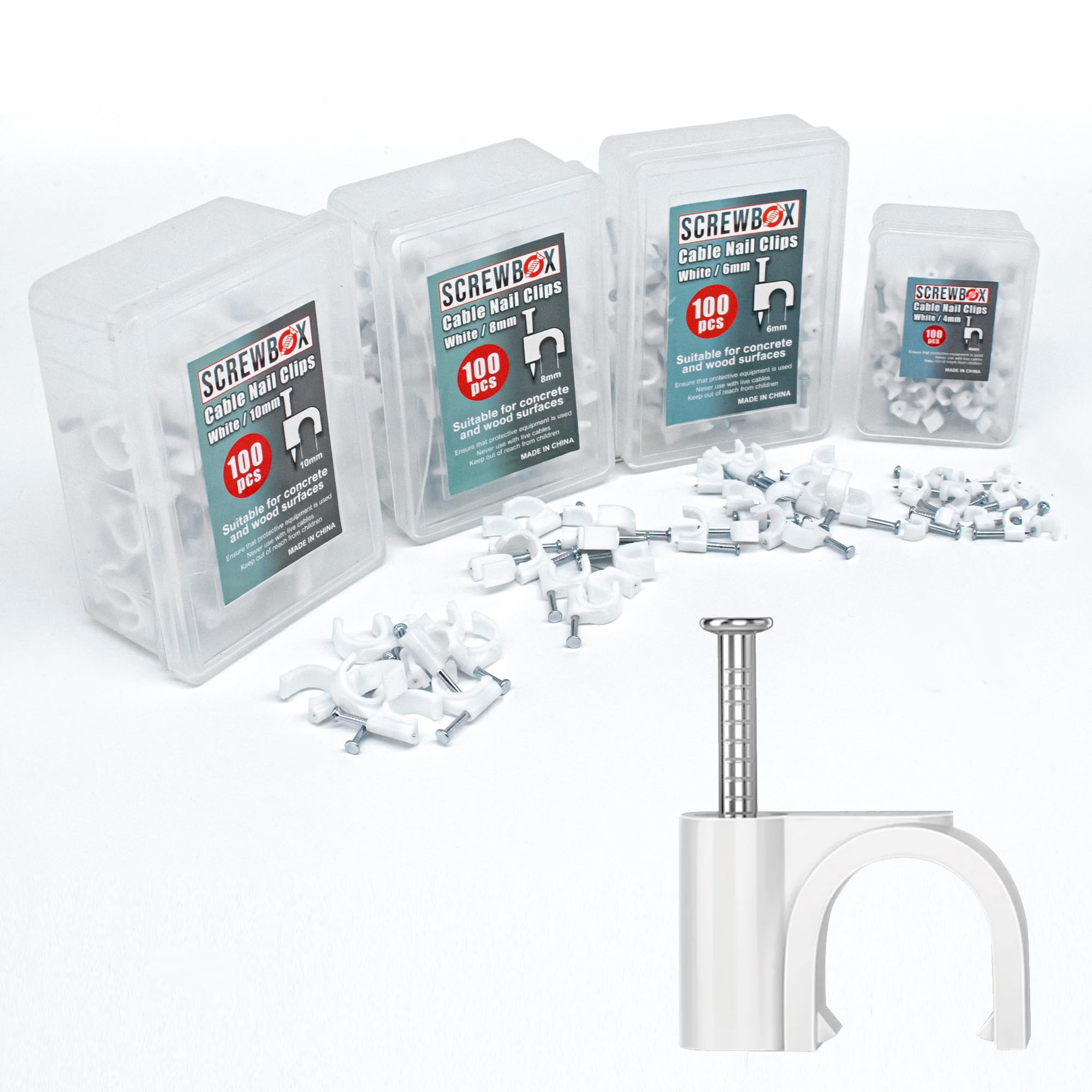 SCREWBOX® Cable Clips, 400 Pcs Durable White Wire Clips -4/6/8/10mm, Round Nail Clips, 4 Sizes (4mm, 6mm, 8mm, 10mm)