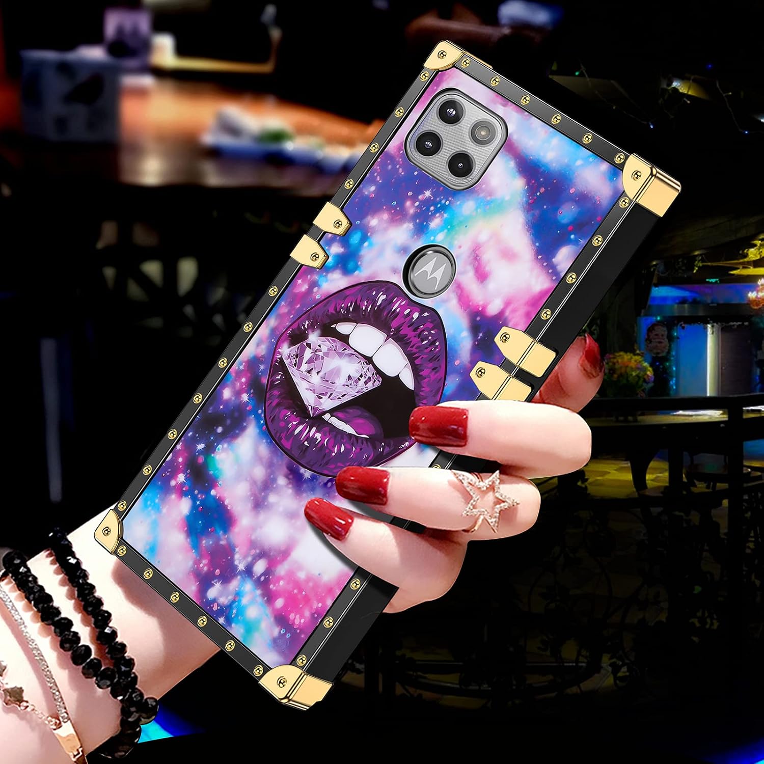 JAKPDE for Motorola One 5G Ace Case with Kickstand Cute Cover for Girls Women Soft TPU Luxury Case with Strap Shockproof Protective Heavy Duty Anti-Scratch Case for Motorola One 5G Ace Lip Purple