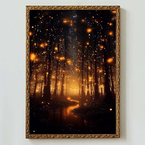 Magical Forest Wall Art Canvas - Fireflies Landscape Poster, Botanical Prints, M