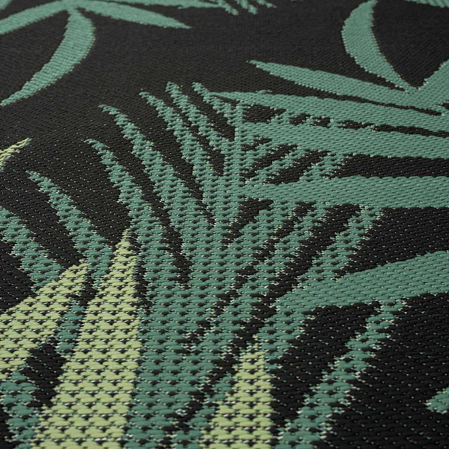 VIMODA Alfombra para interior y exterior para terrazas y balcones, diseño de palmeras, color negro, medidas: 140 x 200 cm