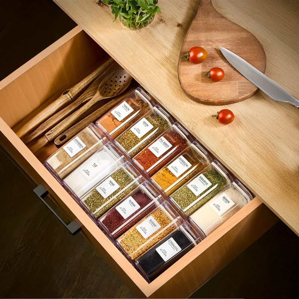 12-teiliges Acryl-Gewürzgläser Set – 300 ml – Quadratisch & stapelbar – Mit luftdichtem Vakuumdeckel & 40 Etiketten – BPA-frei & ideal zur Vorratshaltung