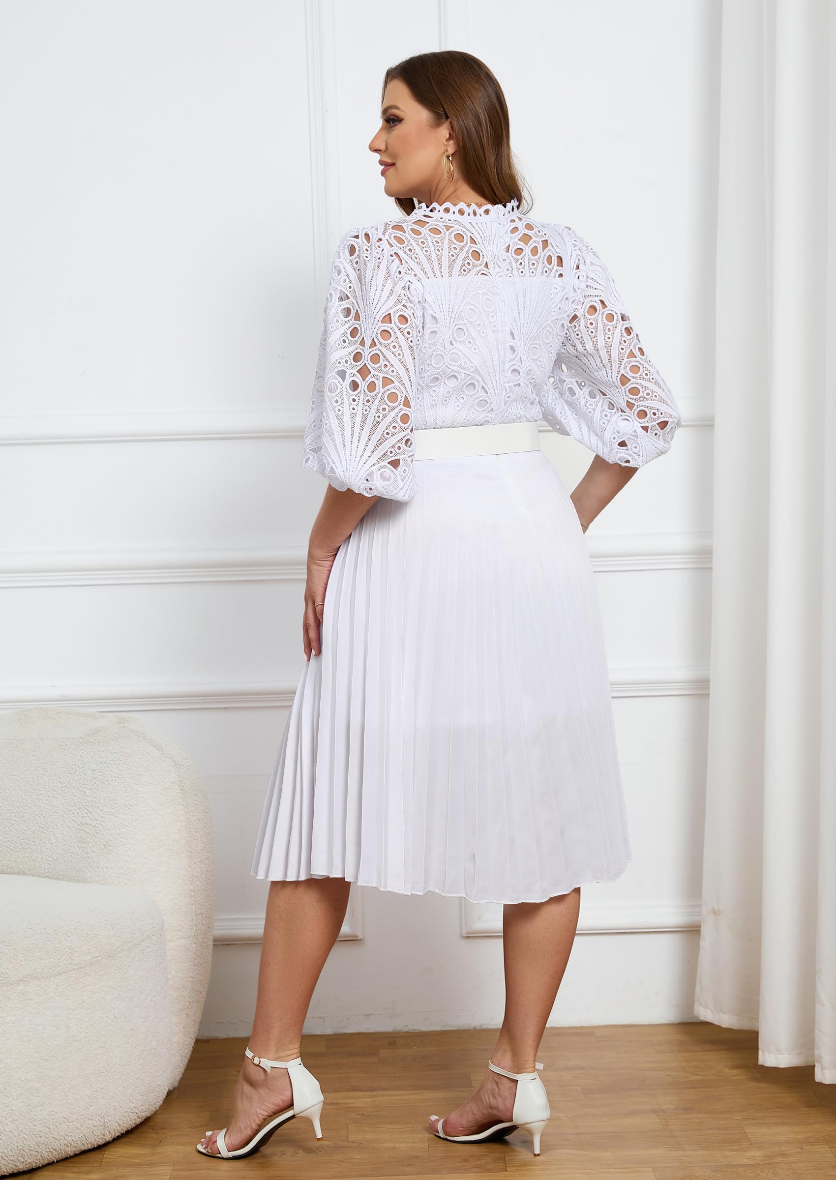 Kleid in Übergröße, Puffärmel, Spitze, plissiert, kurzärmelig, Übergröße, Midi-Kleid, hohles Party-Abendkleid