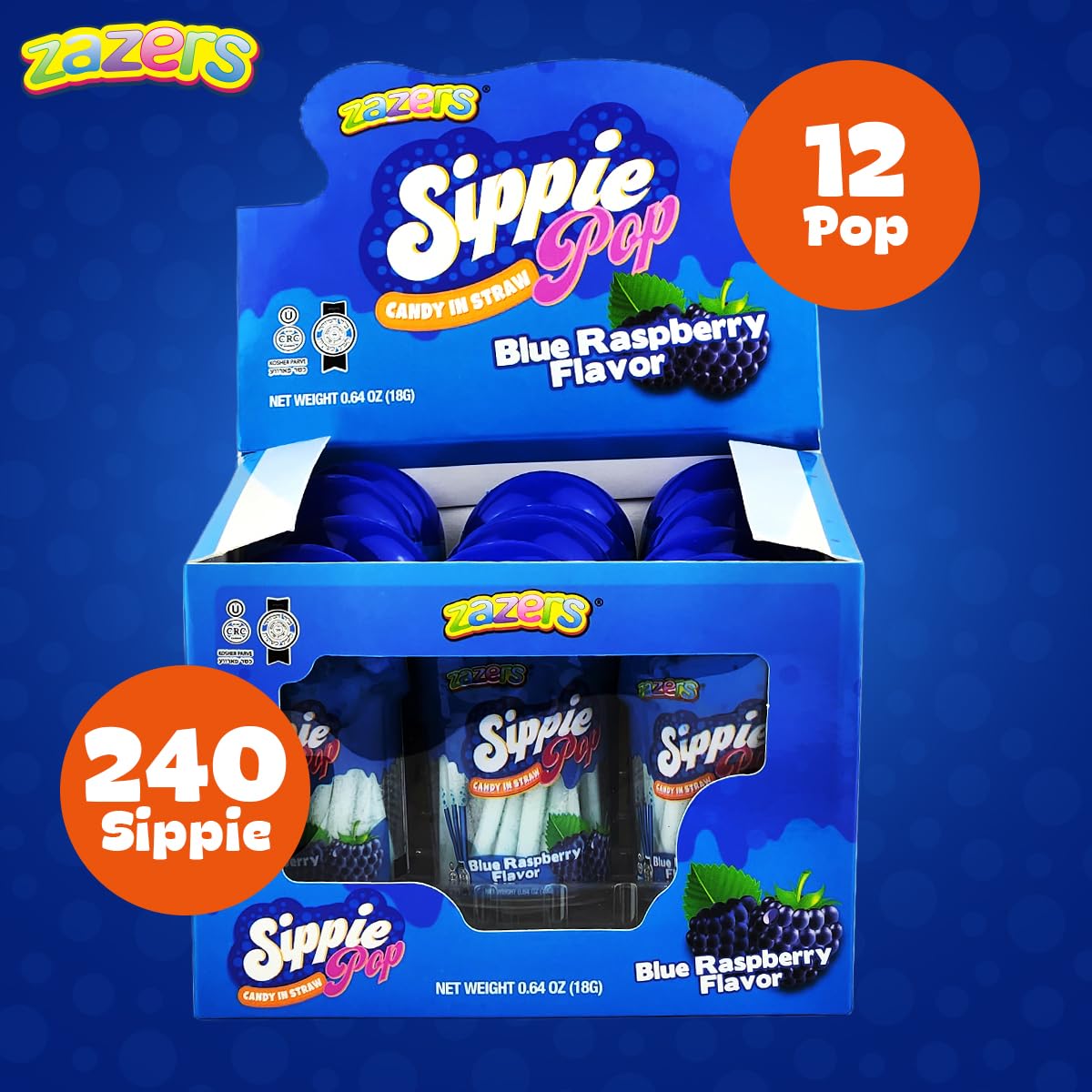 Zazers Sippie Pop Candy Filled Straws - 12 Pack Blue Raspberry