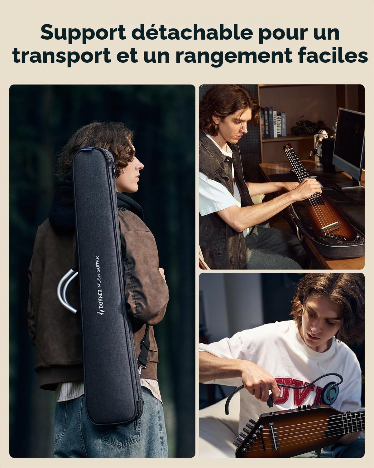Donner HUSH-C Guitare de Voyage à Cordes en Nylon, Guitare Électro-Acoustique, Ultra-Légère pour Pratique Silencieuse avec Prise Casque, Accordeur Intégré et Housse, Sunburst