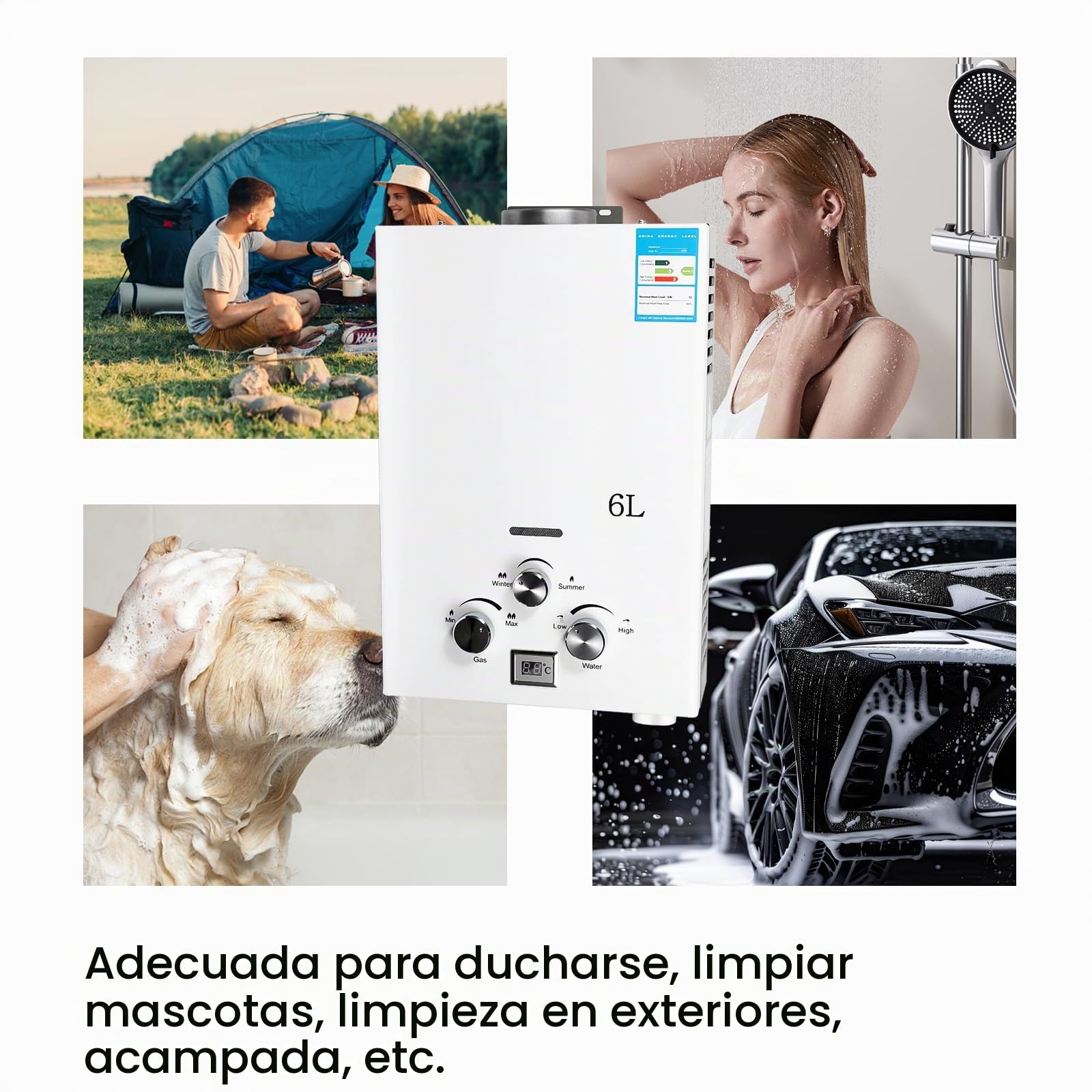 Calentador de Agua a Gas, Calentador de Agua a Gas Instantáneo 12kW LPG GPL al Butano Propano Modos Invierno Y Verano, Protección Contra Sobrecalentamiento, Con Alcachofa de Ducha Y Fontanería (6L)