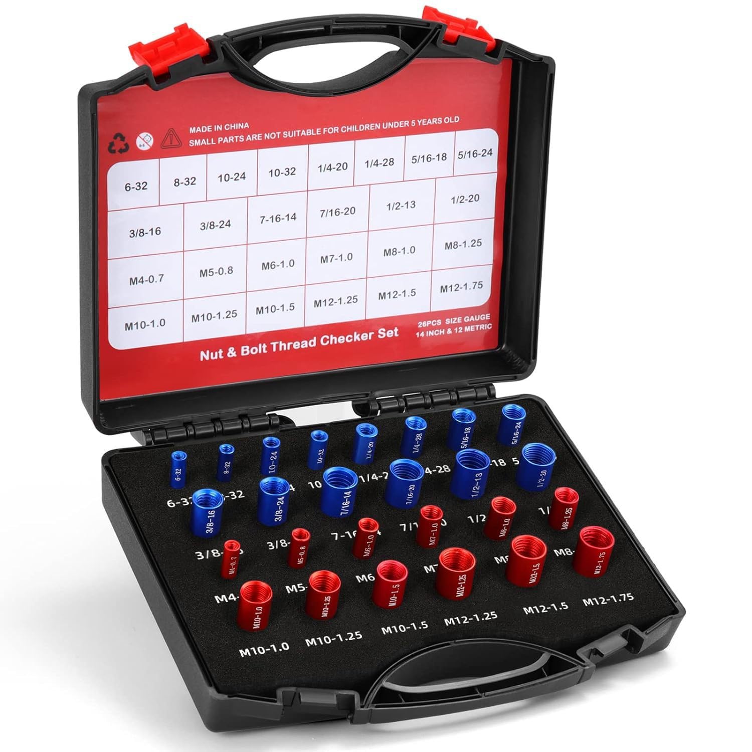 26 Pcs Nut and Bolt Thread Checker, Bolt and Nut Thread Gauge, Practical Thread Checker Set Box Nut and Bolt Size Gauge Box Inch & Metric Size, Suitable for Bolt and Nut Size Check