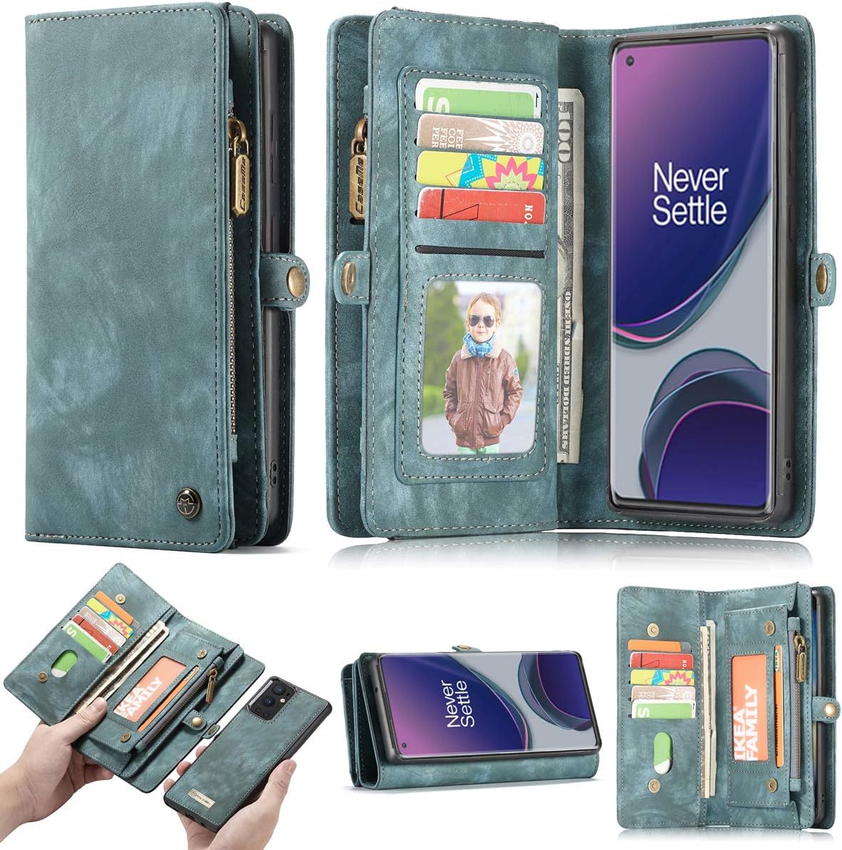 OnePlus 9 Detachable Wallet Zipper Leather Case 11 Card Slots Holder OnePlus 9 Flip Detachable Magnetic case Handle Wrist Strap Shockproof Pocket Handbag for Man Woman OnePlus 9, Blue