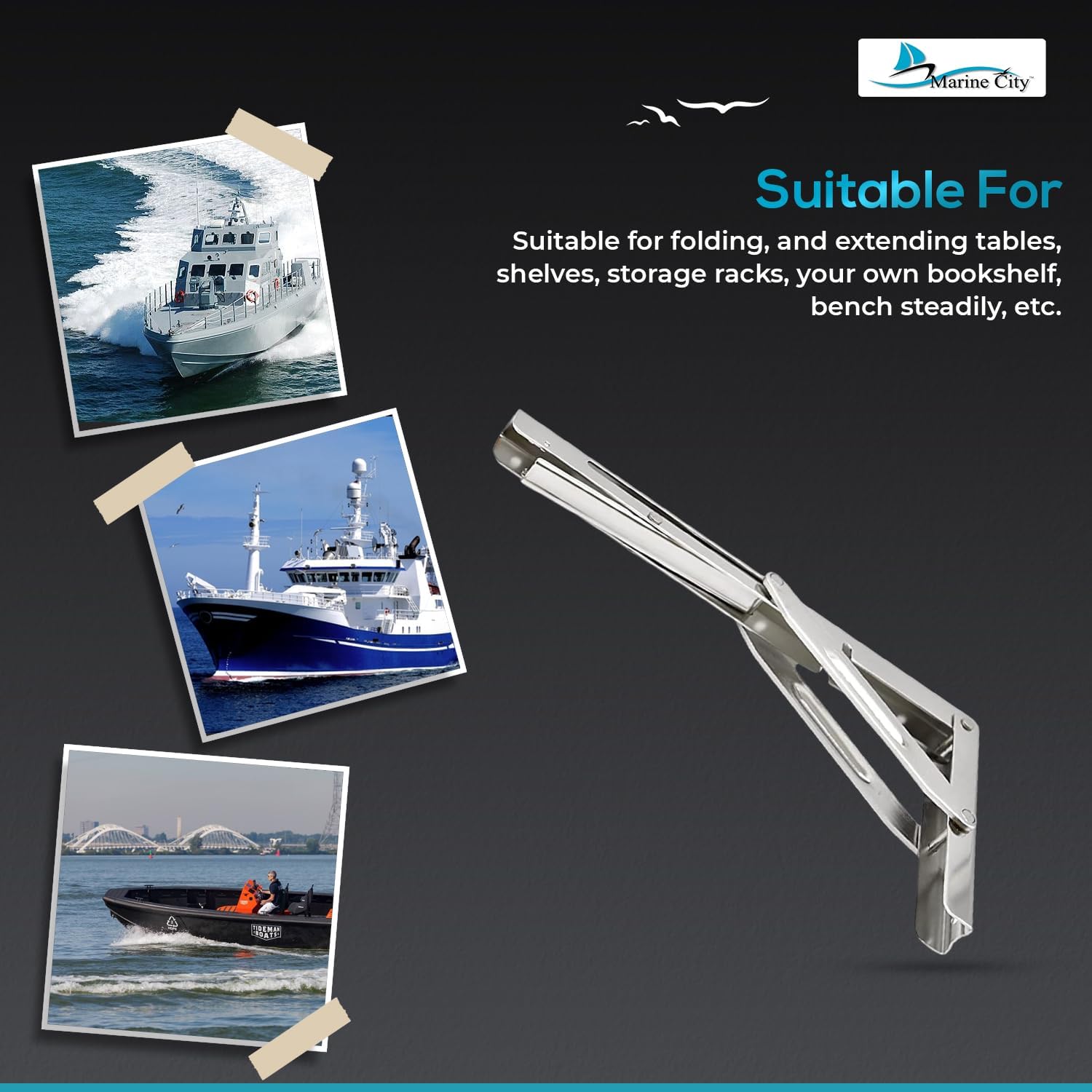 MARINE CITY Folding Shelf Bracket, 304-Grade Stainless Steel, Corrosion-Resistant, Rust-Proof, Max Load 551 LB, Space-Saving, 12 Inches, for Shelves, Storage Racks, Bookshelves, Marines