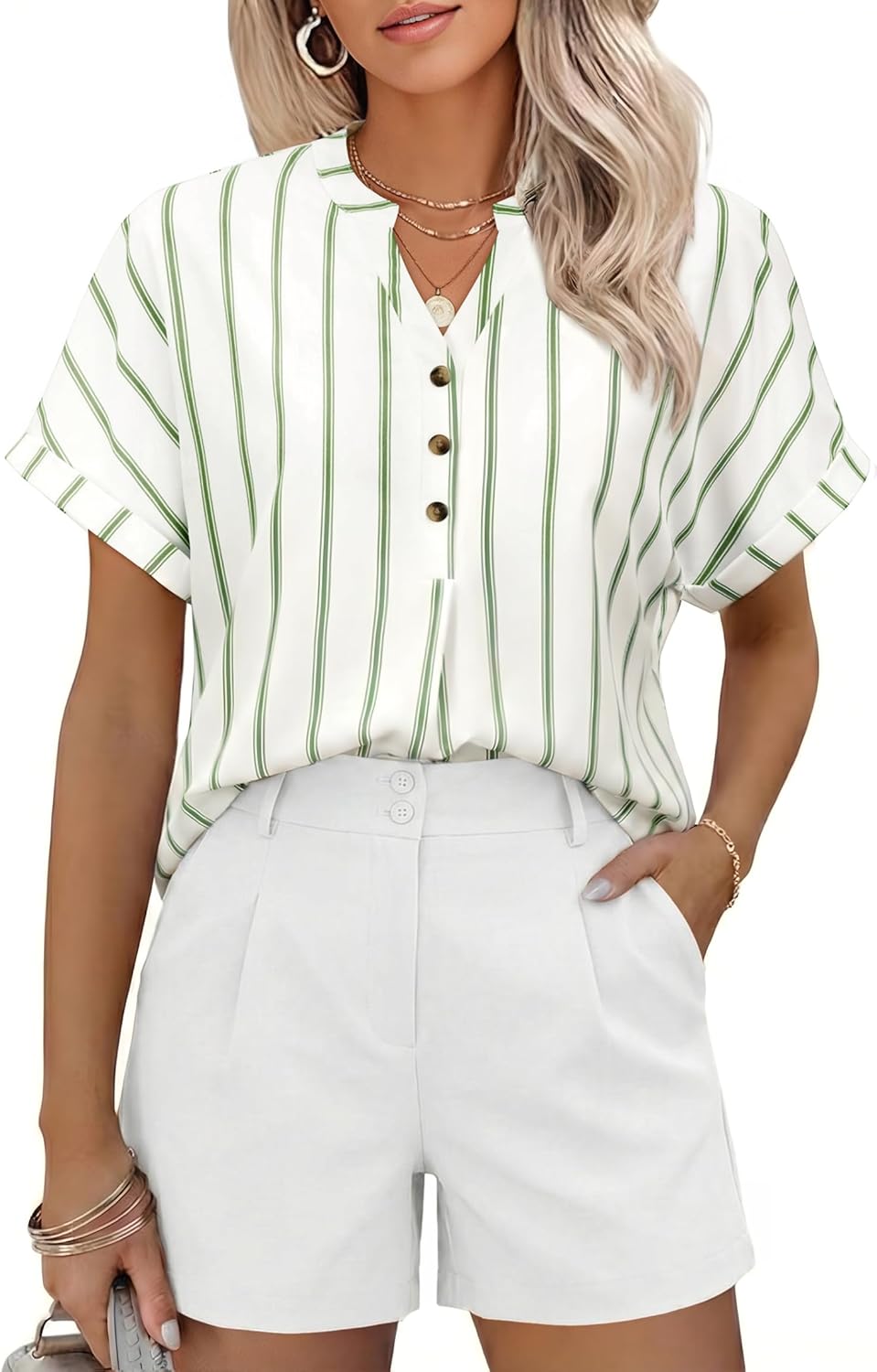 Striped Shirt Women Henley V Neck Button Up Shirt Cap Short Sleeve Blouses Business...