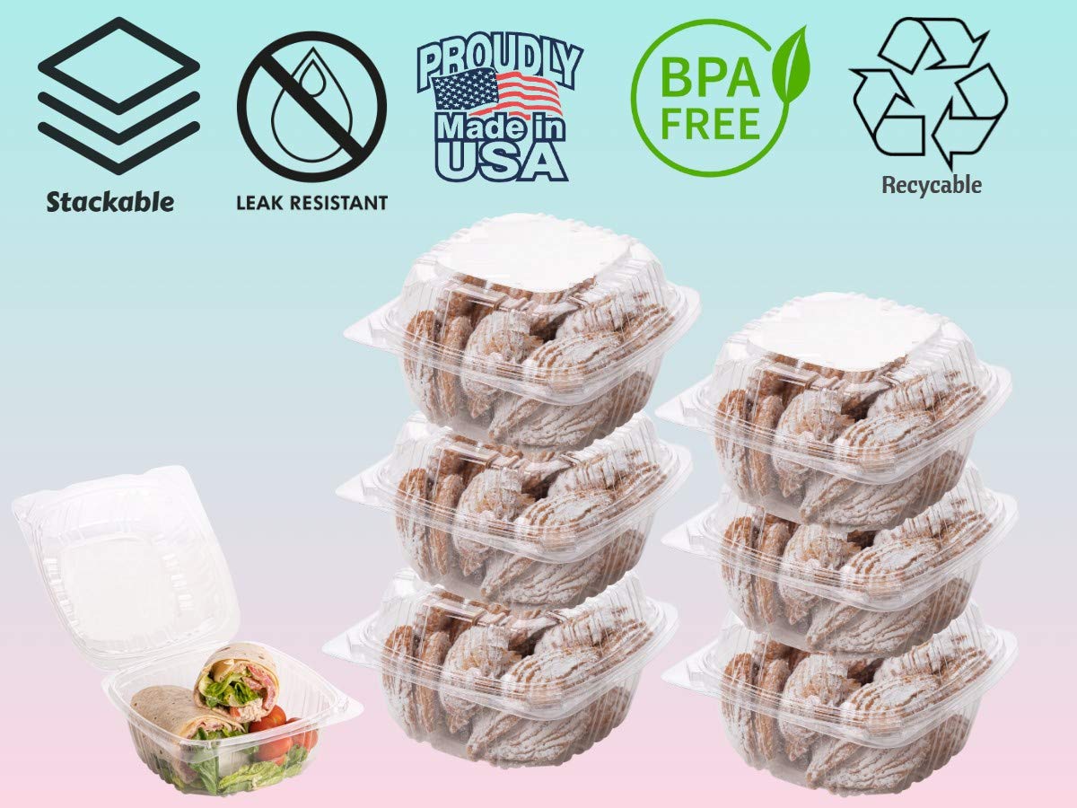 Smygoods Dessert Containers, Disposable Plastic Clamshell Food Containers, Clear Hinged Food Container, 6 x 6 x 3 [50 Pack]