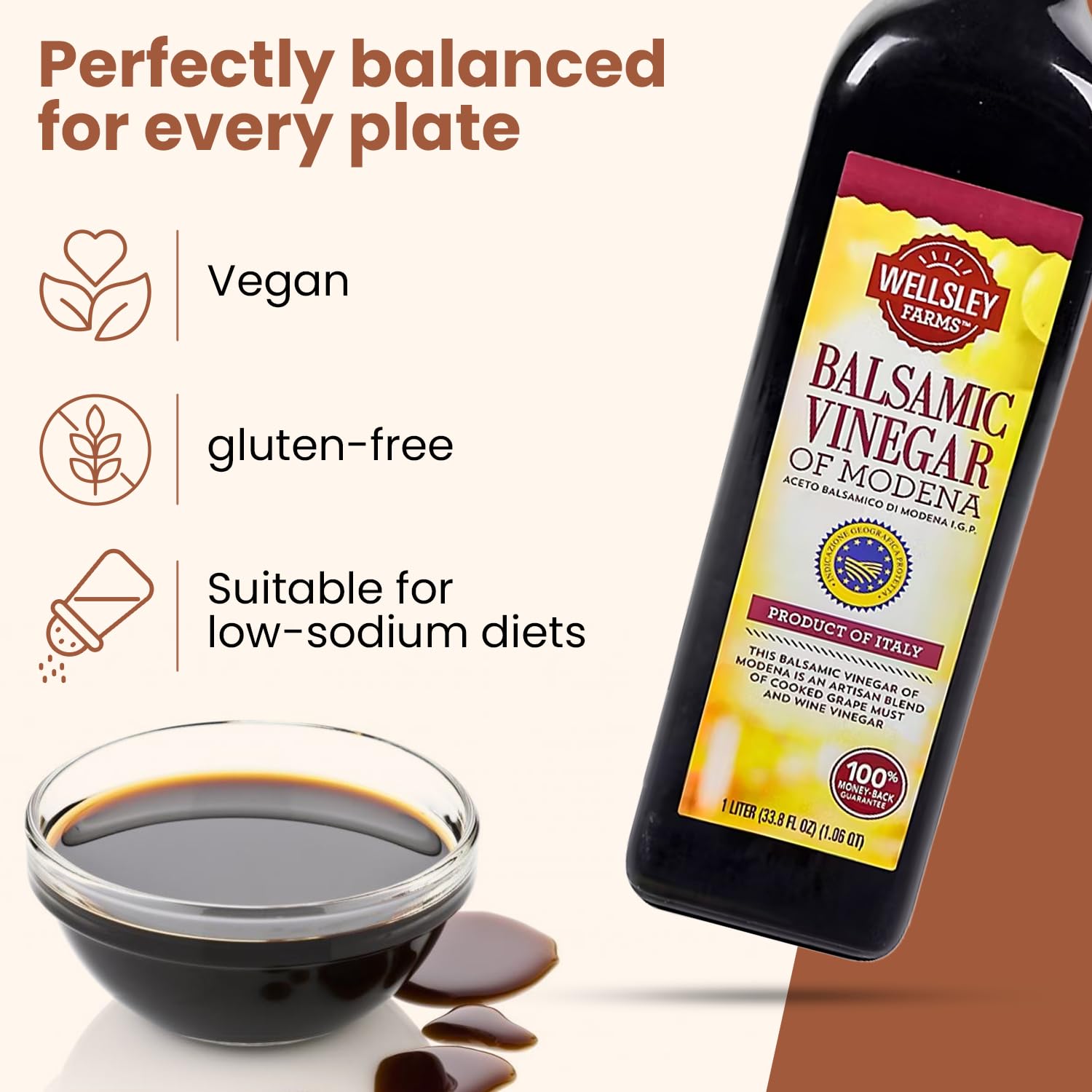 Wellsley Farms Premium Balsamic Vinegar | Blend of Grape & White Vinegar | Made in Modena Italy | Rich, Velvety Texture | Perfect for Cooking, Dressings, Marinades, Sauces & Gourmet Dishes | 1L Bottle