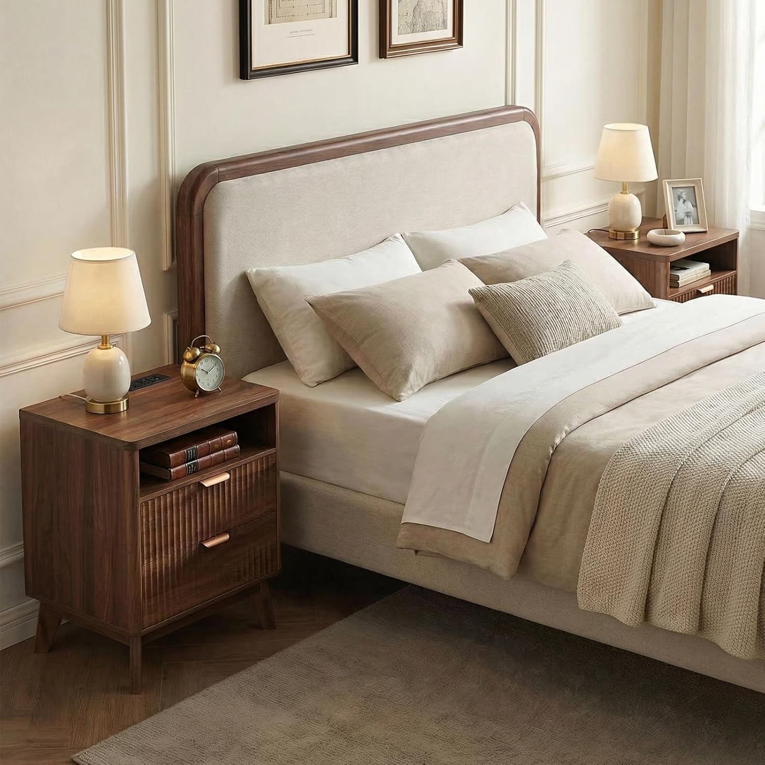 LYNCOHOME Fluted Nightstand with Charging Station, 19.7 inch Wide End Table with 2 Drawers, Modern Wood Bedside Table for Bedroom,Brown,1 Pcs