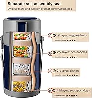 Vista 5 de Contenedor de alimentos aislado, 2L 3 niveles de acero inoxidable al vacío, recipiente aislado con tapa, recipientes térmicos para el almuerzo, caja