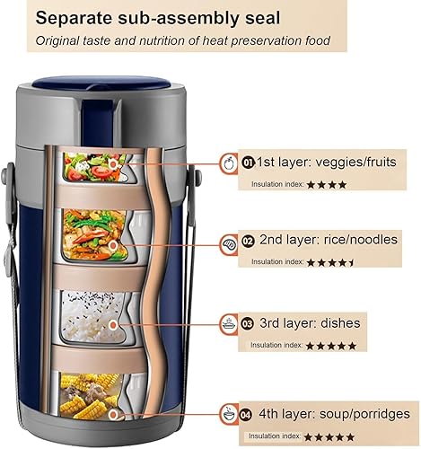 Miniatura 5 de Contenedor de alimentos aislado, 2L 3 niveles de acero inoxidable al vacío, recipiente aislado con tapa, recipientes térmicos para el almuerzo, caja