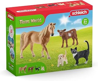 Farm World 4pc Animal Figurine Starter Playset - Educational Farm Animal Collection Starter Kit Toy with Cat, Horse, Puppy, and Calf, Durable for Boys and Girls, Gift for Kids Ages 3+