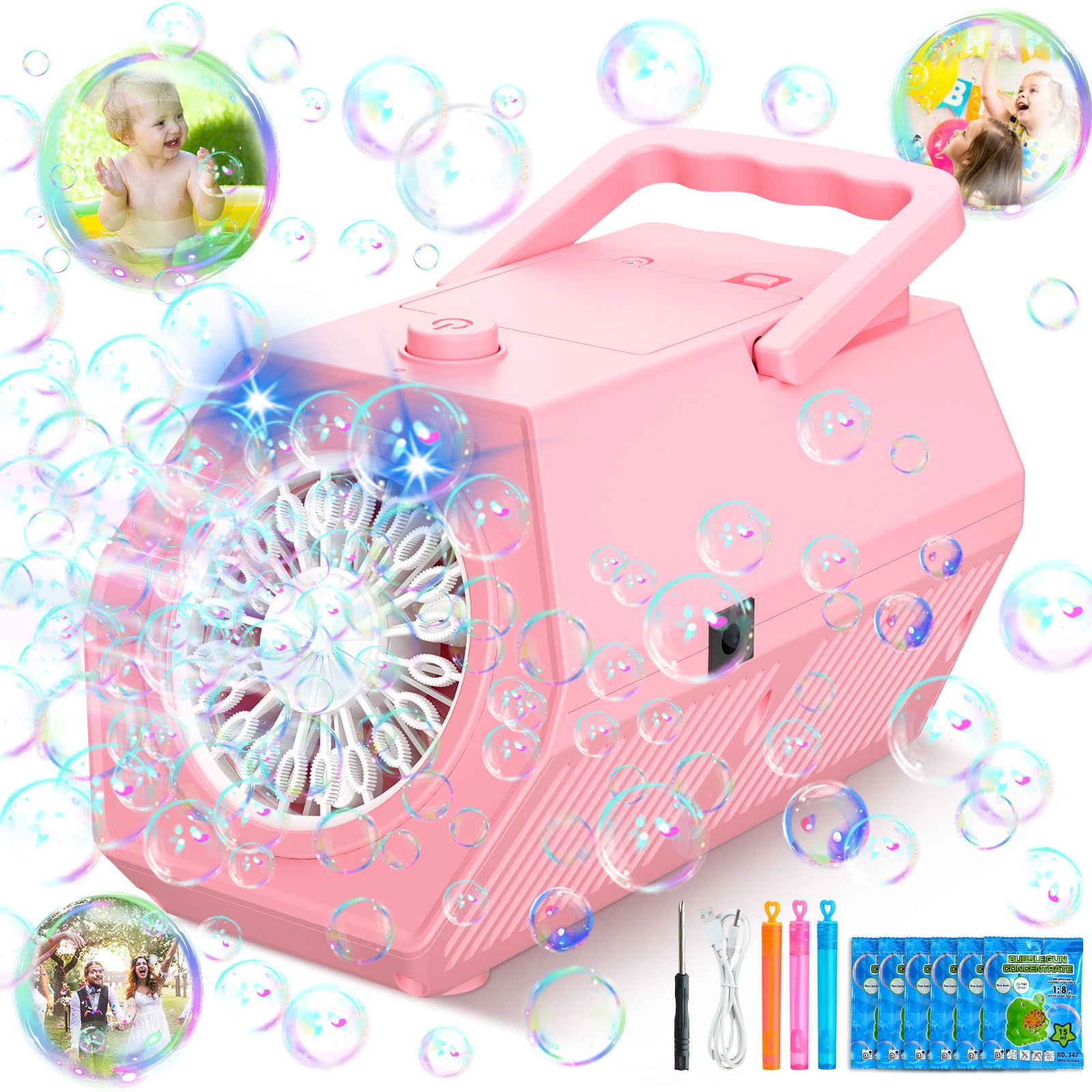 Bubble Machine - 18000+ Bubbles Per Minute, Bubble Machine for Kids, Automatic Bubble Machine, Portable Bubble Makers, Powered by USB or Batteries (Pink)