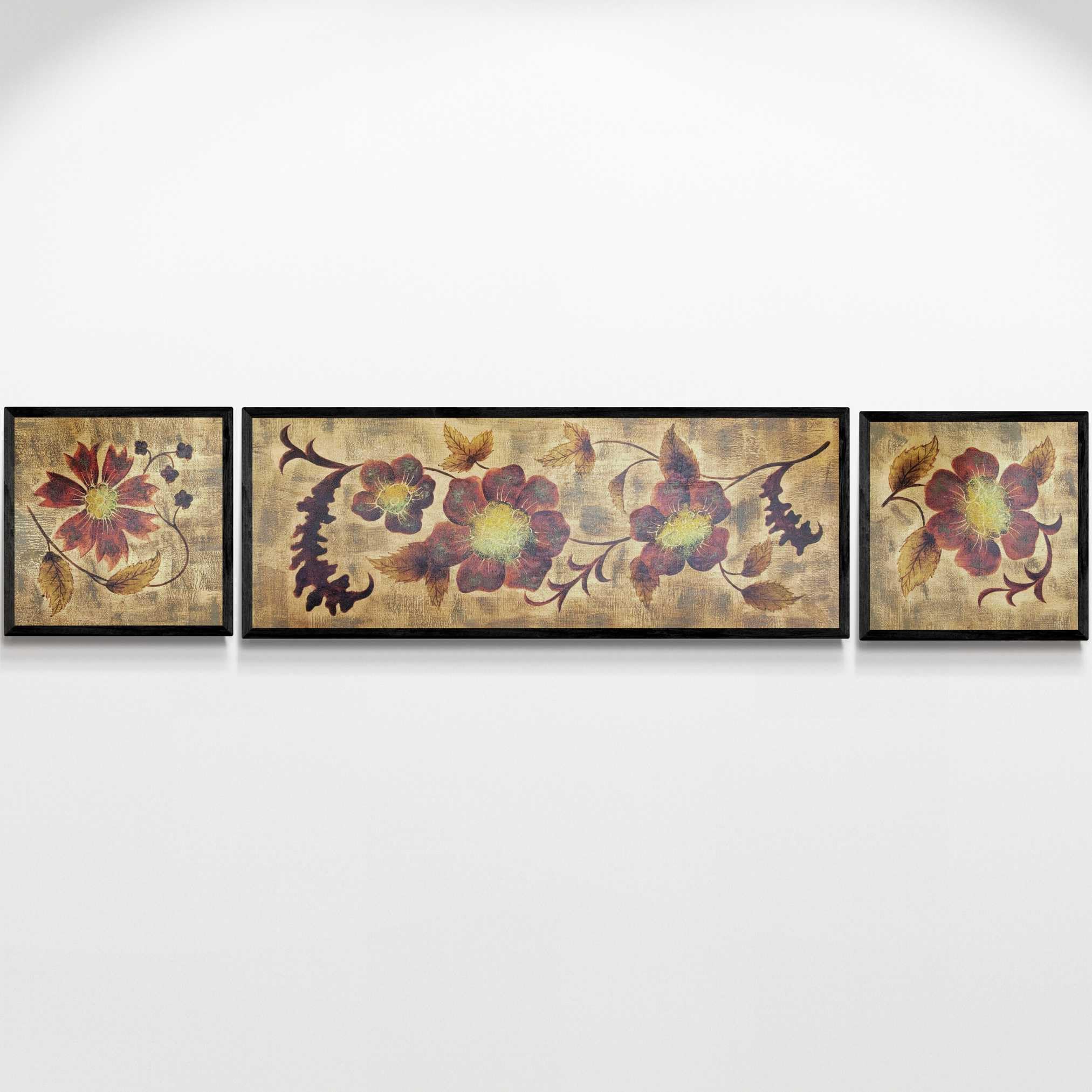 Tableau triptyque fleur dorée fait main avec cadre en bois élégant - 6