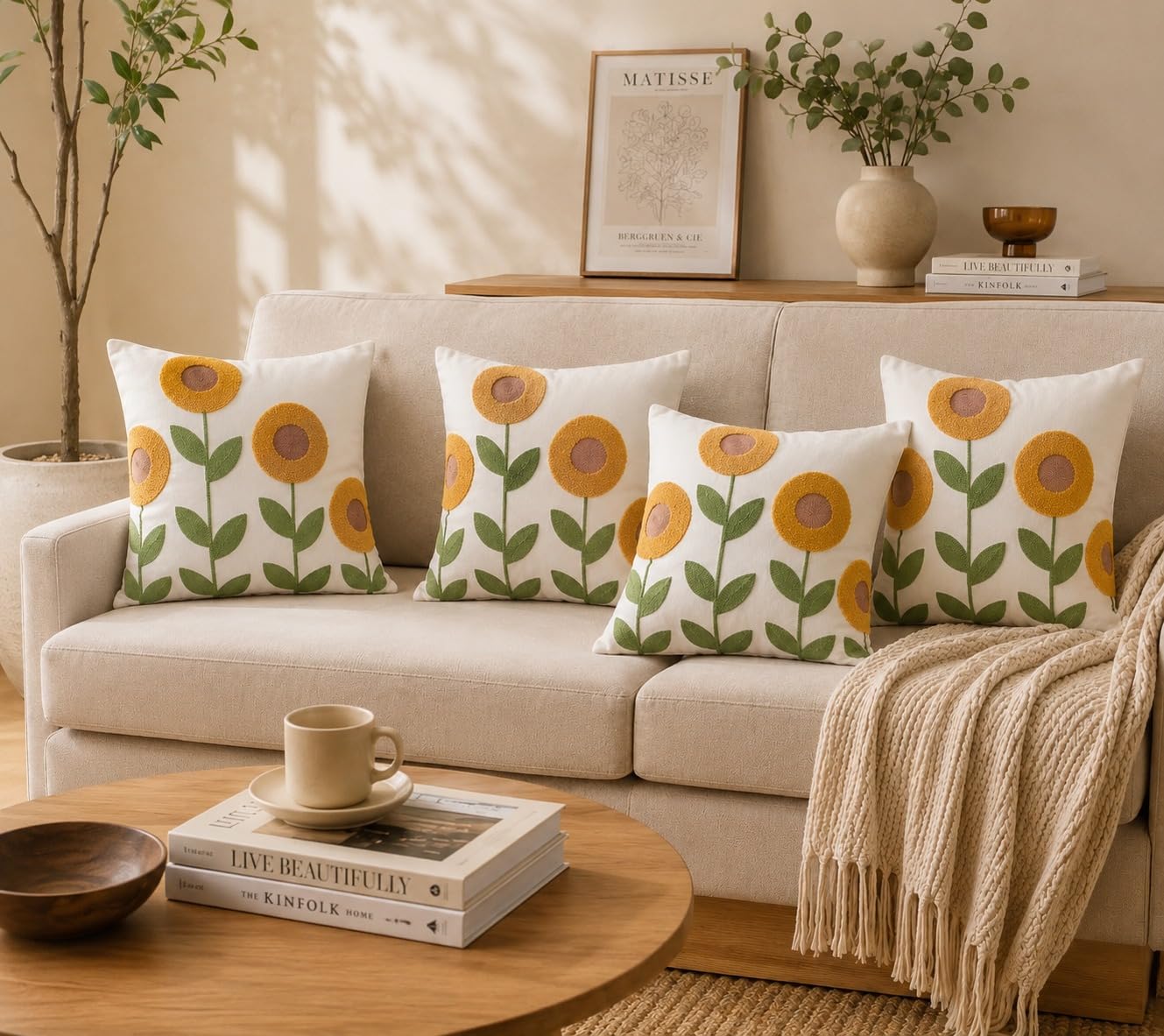 Daisy Embroidered Cushion Cover | Beige Cotton Linen Throw Pillow Cover with Textured White Floral Design for Modern Home Decor (Orangle Fool)-image-34