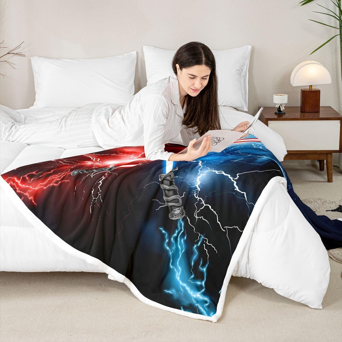 Feelyou Lightsaber Fleece Throw Blanket Twin 60"x80" Kids Red Blue Plush Blanket for Boys Teens Lightsaber Grommet Sherpa Blanket Future Technology Fuzzy Blanket Room Decor