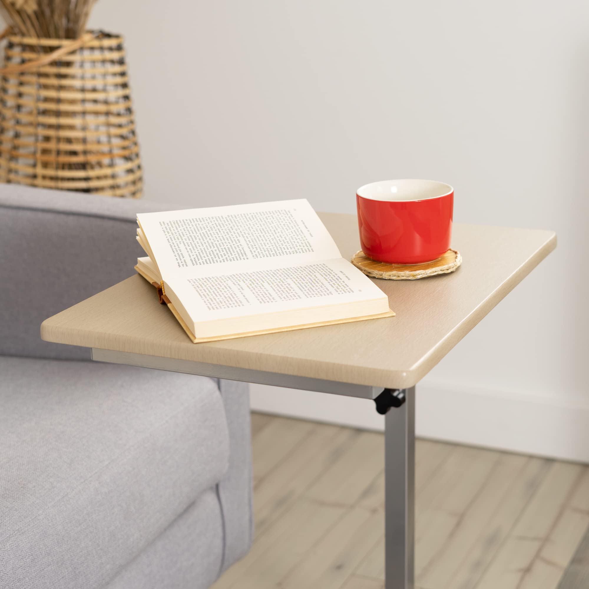 MEUBLE COSY Table de Lit pour Ordinateur Portable Hauteur Réglable Bout de canapé avec 4 roulettes Verrouillables Support PC pour Salon Bureau Chambre Bureau , Métal, Chêne, 48x37x79 cm