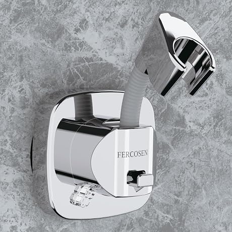 FERCOSEN 360° Swivel Shower Head Holder with Suction Cup | 10kg Load Capacity, Tool-Free Installation in Seconds | Removable and Rust-Resistant Shower Bracket with Storage Hook (Silver)