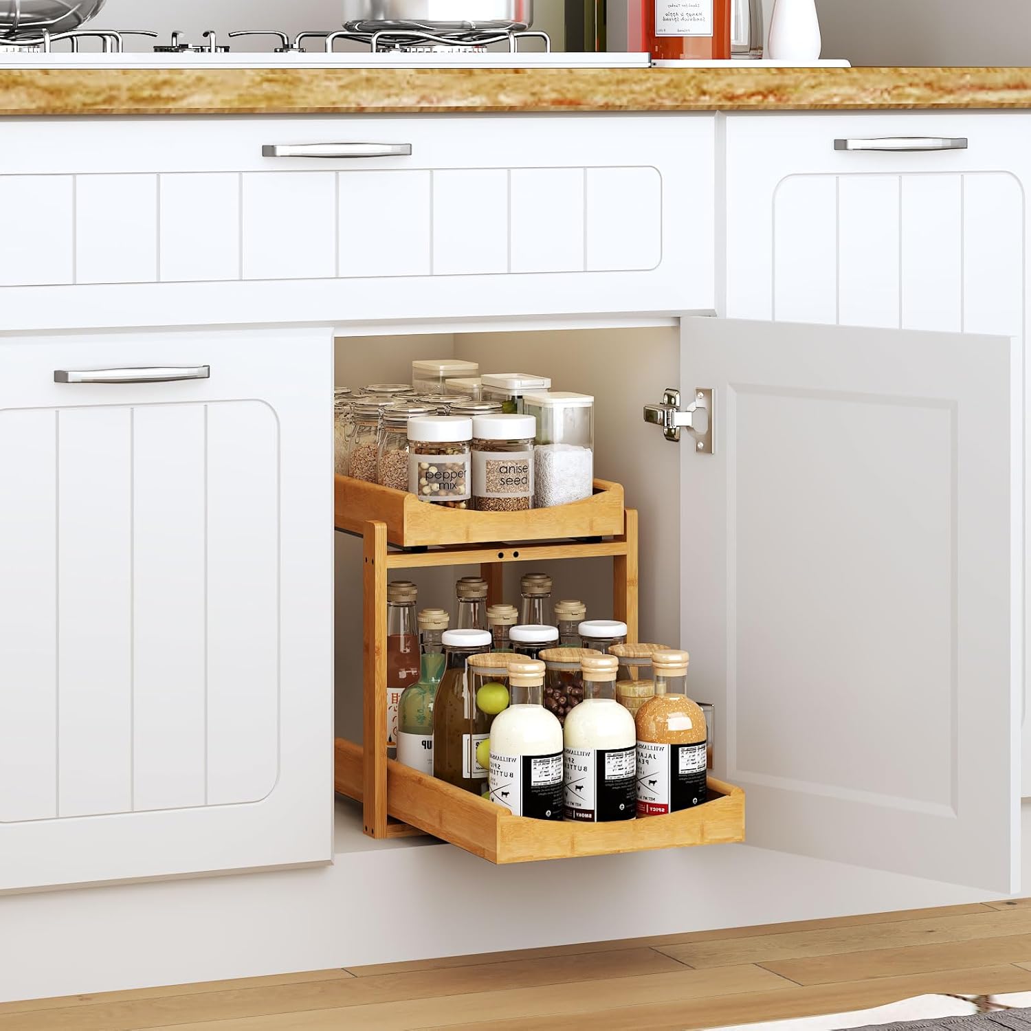 Bamboo Under Sink Organizer and Storage, 2 Pack Pull Out Cabinet Organization, 2 Tier Vertical Slide Out Undersink Storage Shelf, Multi-Purpose Organizer Shelves for Kitchen Bathroom Medicine - Image 3