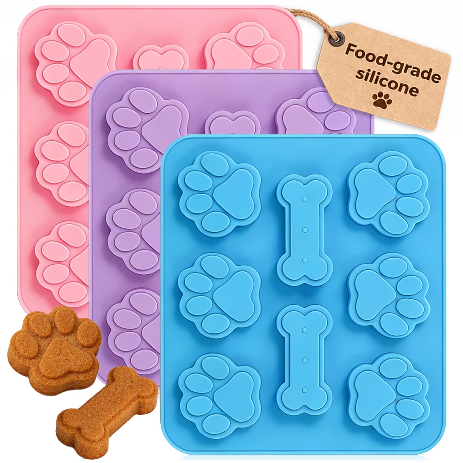 3 Pcs Dog Treat Molds Silicone – Frozen Dog Treat Molds for Baking and Freezing with Bone &amp; Puppy Paw Shapes