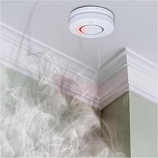 EMOS - Detector de humo con señalización óptica y acústica 85 dB, 10 años de vida útil, detector de incendios con cable conectado a la red de 230 V, batería de emergencia de 9 V para fallo