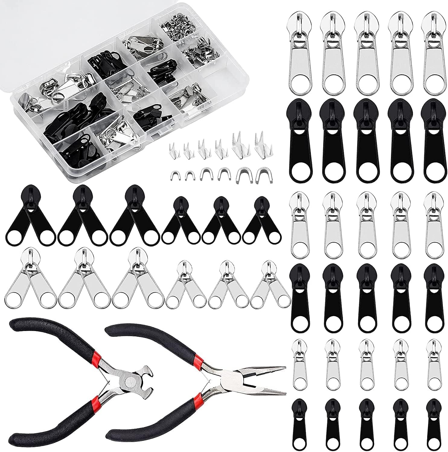 FEIGO Zip Repair Kit with Pliers, 171pcs Zipper Repair Set (#3#5#8), Heavy Duty Metal Zipper Sliders & Stops with Storage Box for Jackets, Bags, Luggage, Tents, Sewing DIY