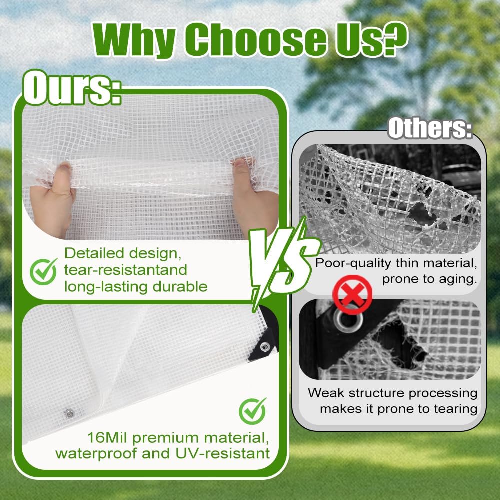 16 x 20 FT Clear Tarps with Grommets, 16 Mil Thick UV Resistant Greenhouse Tarp, Tarps Heavy Duty Waterproof for Garden, Outdoor and Yard Protection